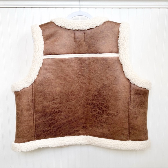 LOFT Brown Crackle Faux Leather Shearling Pocket Vest Open Front Plus Size XXL - Picture 2 of 7